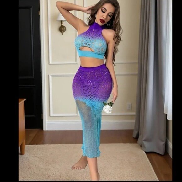 Blue & Purple Gradient 2pc Crop Top & Long Fishtail Skirt Fishnet Set - Picture 3 of 8